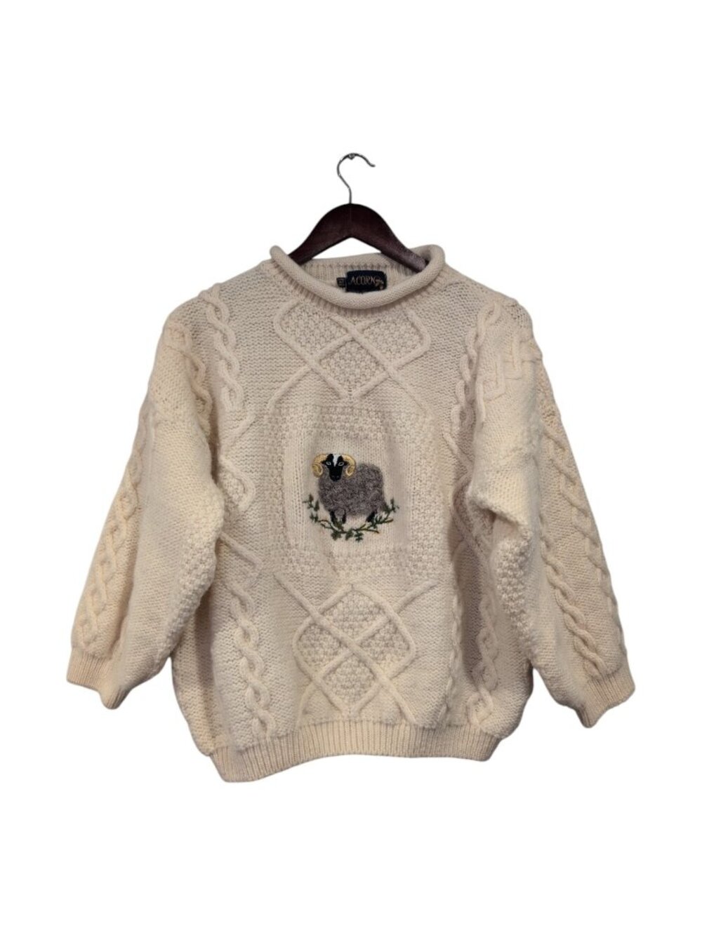 Acorn SHEEP Pure New Wool Fisherman Cable Knit Sweater Jumper Ram Cream Sz Small